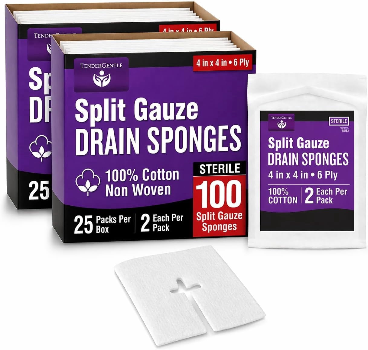 Tender Gentle Split Gauze Sponges 4x4 Sterile [100 ct.] 6 Ply Feeding ...