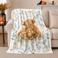 thumbnail image 1 of Tender Highland Cow Calf Botanical, Rustic Botanical Portrait, Warm Flannel Blanket for Ranch House and Living Room, Animal Lovers Birthday Gift, Rustic Home Decor, 1 of 9