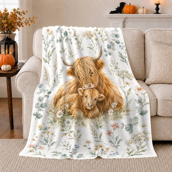 Tender Highland Cow Calf Botanical, Rustic Botanical Portrait, Warm Flannel Blanket for Ranch House and Living Room, Animal Lovers Birthday Gift, Rustic Home Decor