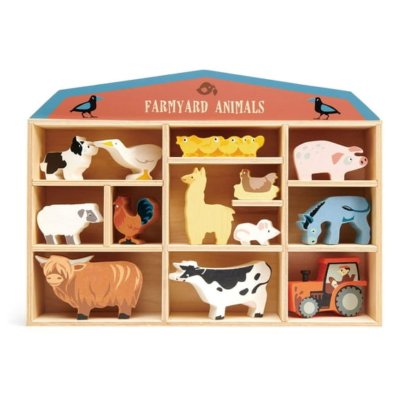 Tender Leaf Toys Farmyard Animals  13 Wooden Country Farm Figurines with a Display Shelf - Classic Toy for Pretend Play  Develops Creative & Imaginative Skills  Learning Role Play  Ages 3+ Years