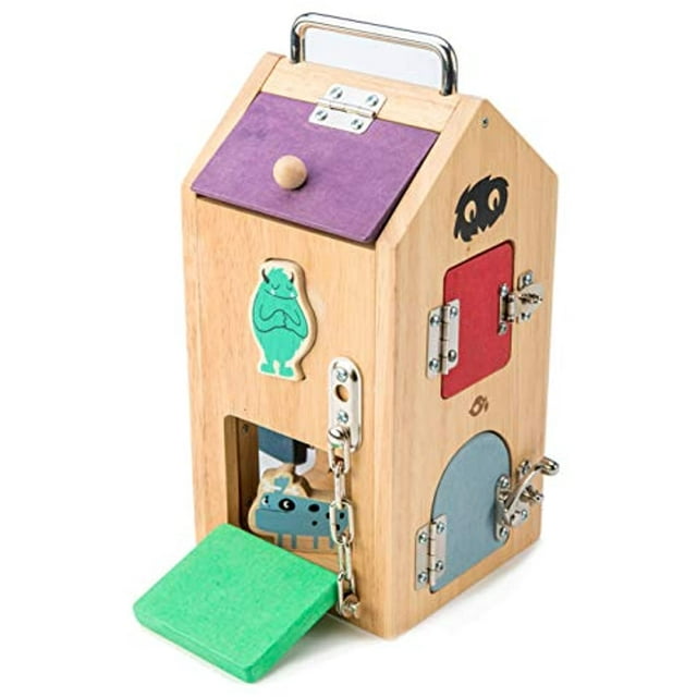 Tender Leaf Toys Wooden Monster Lock Box - 8 Different Doors with Various Lock Mechanisms Helps Develop Probelm Solving Skills - 3 +, Multicolor, 6.5" x 6.7" x 11.7"