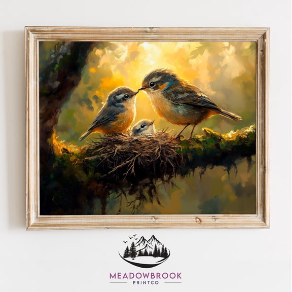Tender Pair Of Parent Birds In A Cozy Nest, Serene Vintage Kristmas Wall Art, Rustic Nature Scene, Peaceful Winter Bird Print Warm Present Vintage UNFRAMED Poster Size 8x12