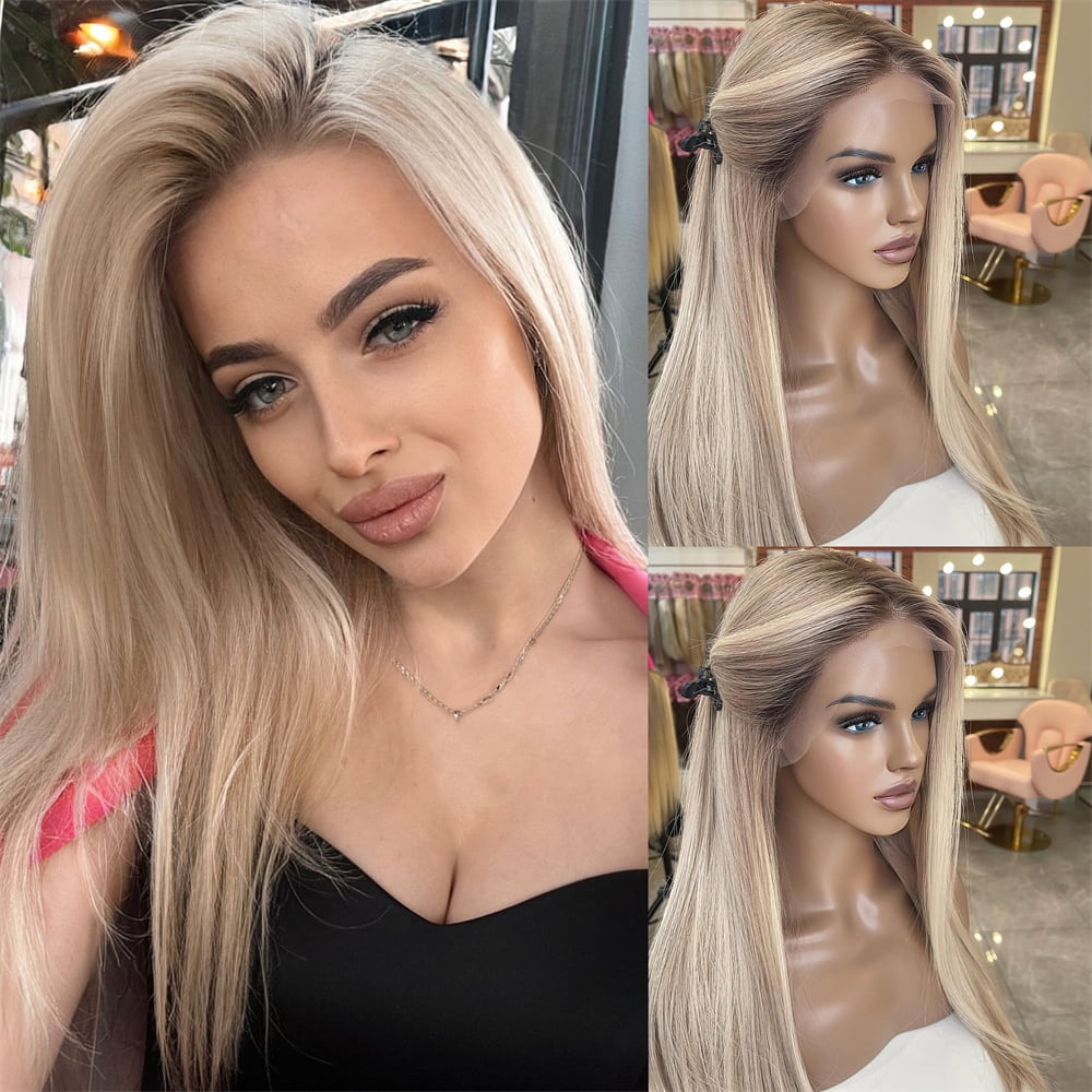 Tender Pearl Beige Blonde Highlight Roots Dark Virgin Human Hair Wigs Balayage Long Straight Wig Human Hair With Baby Hair Glueless Invisible HD Transparent Lace Front Human Hair Wigs 180% Density