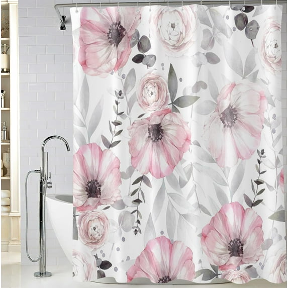 Tender Pink Floral Shower Curtain, Watercolor Flowers Bathroom Shower Curtain, Fabric Waterproof Shower Curtain with 12 Hooks, 72 x 72 Inch