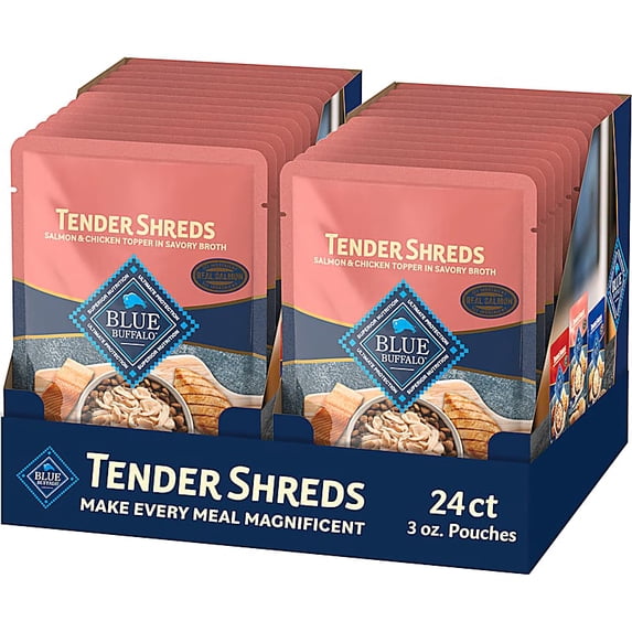 Tender Shreds Salmon & Chicken Toppers in Savory Broth, Natural Dog Food Complement 2.5 oz., Case of 24