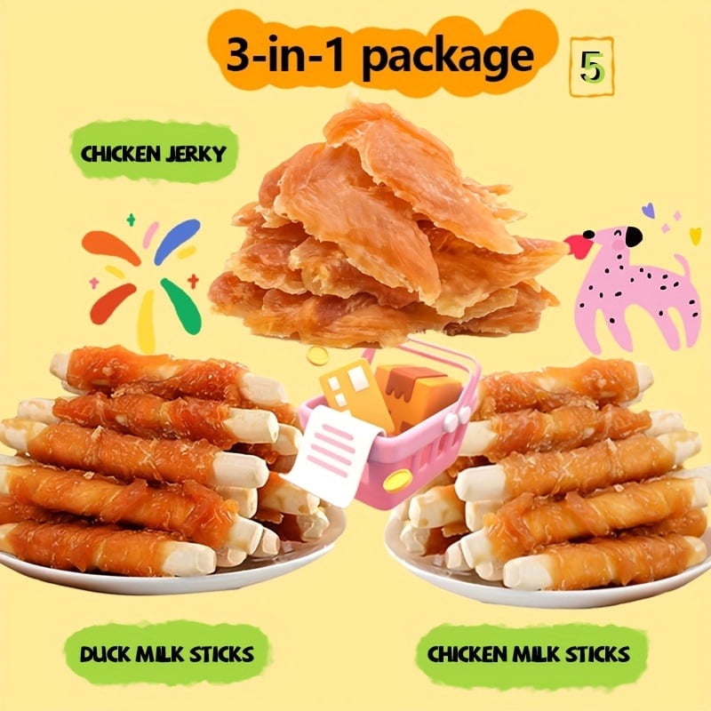 Tender Touch Premium Dog Treats Variety Pack - Dried Chicken Breast (200g), Duck Milk Sticks (200g), & Chicken Milk Sticks (200g) - High Protein Natural Pet Snacks, 21.1 oz (600g Total)