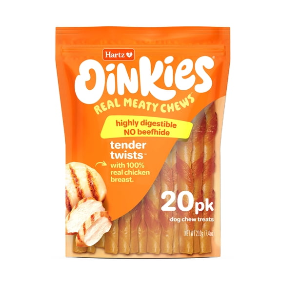 Hartz Oinkies Tender Twists, Real Meaty Dog Chews with 100% Real Chicken Breast, 7.4 oz Bag, 20ct