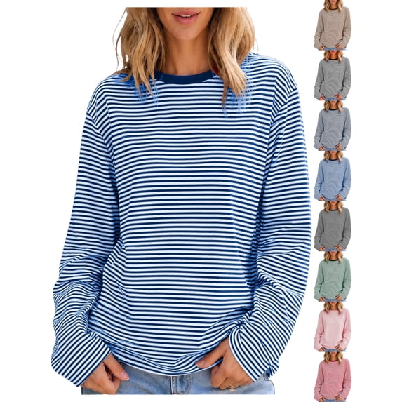 Tendy Crewneck Loose Fit Striped T-Shirts for Women Long Sleeve Pullover Oversized Casual Basic Everyday T-Shirts