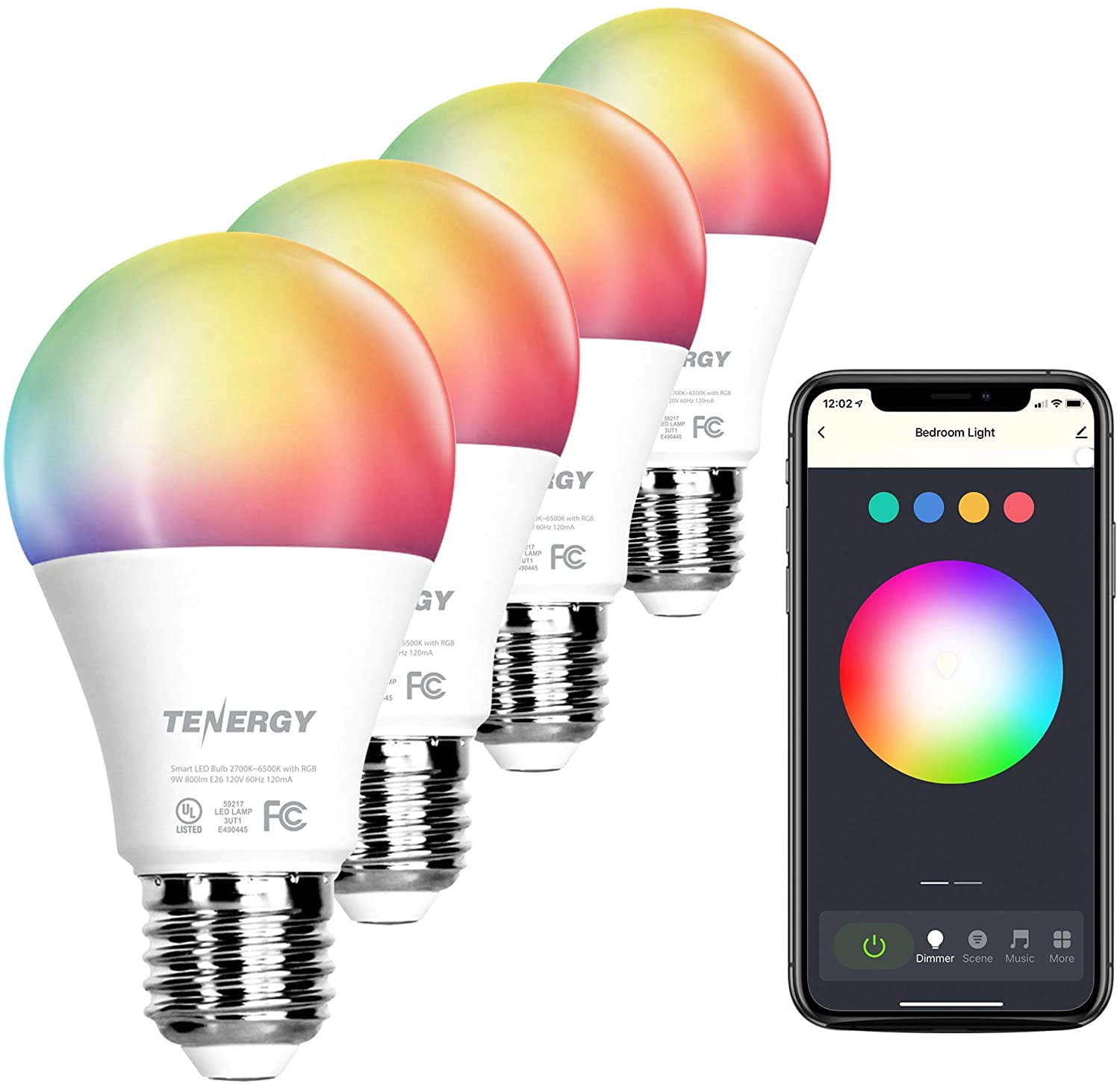 Tenergy 4 Pack Smart WiFi Led Light Bulb with White and Color Changing Light Bulb A19, No Hub Required LED Bulb with APP