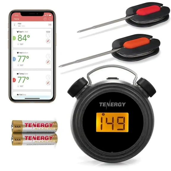 Tenergy MeatSmart Digital Meat Thermometer, APP Controlled Wireless Smart BBQ Thermometer w/ 2 Stainless Steel Probes, Large LCD Display, Cooking Thermometer for Grill & Smoker
