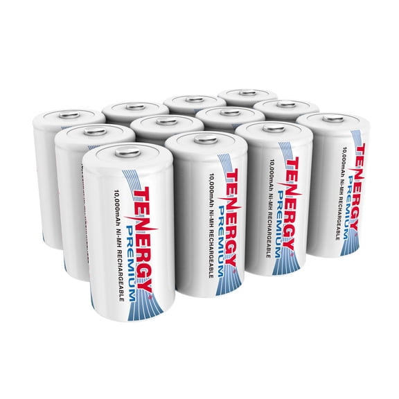 Tenergy Premium D Rechargeable Batteries, 1.2V 10,000mAh NiMH D Size Battery, 12 Pack