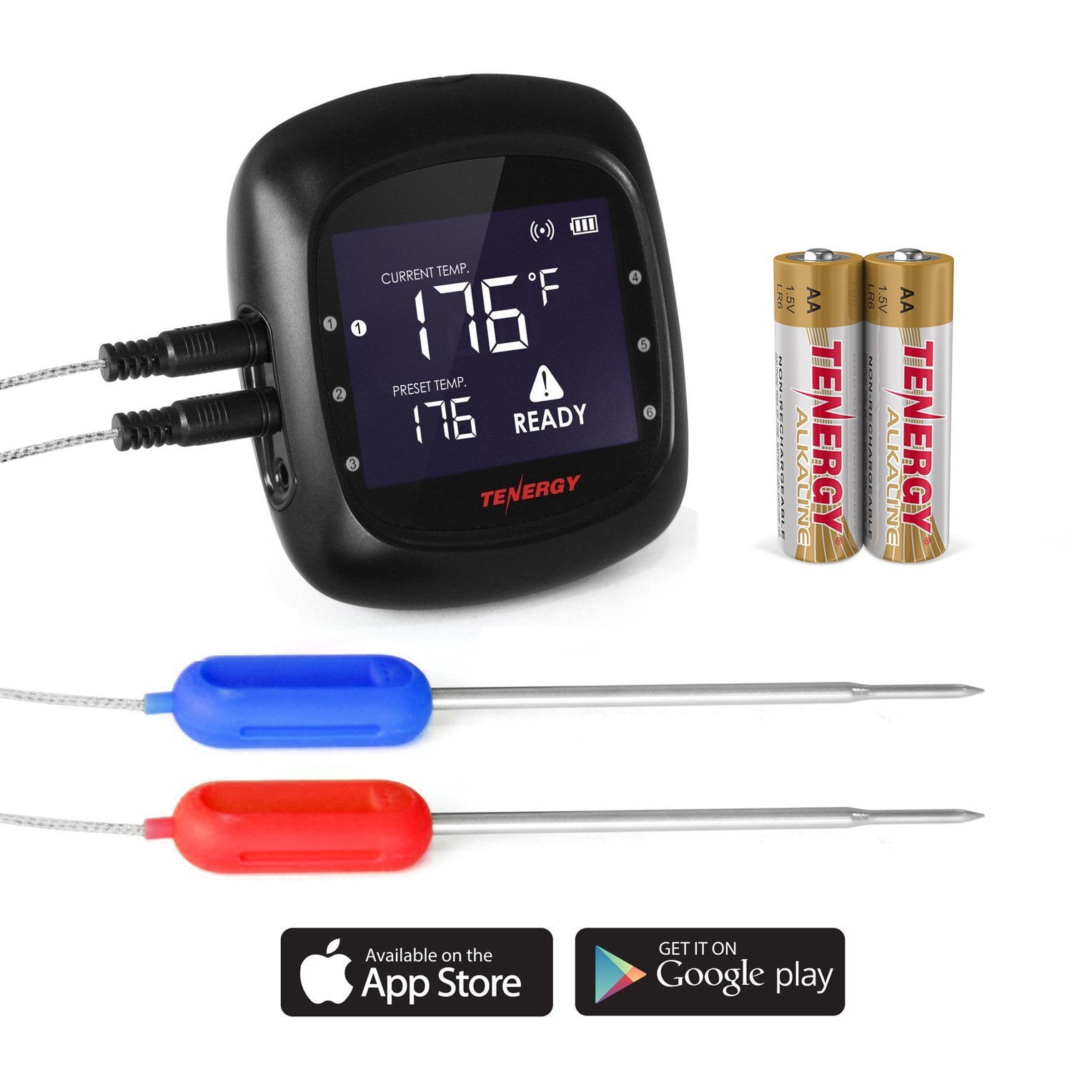 Tenergy Solis Digital Meat Thermometer, APP Controlled Wireless Bluetooth Smart BBQ Thermometer with 2 Stainless Steel Probes and Large LCD Display, Cooking Thermometer for Grill and Smoker