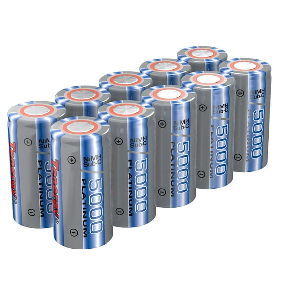 Tenergy SubC NiMH 5000mAh Flat Top Rechargeable Battery, 10 Pack