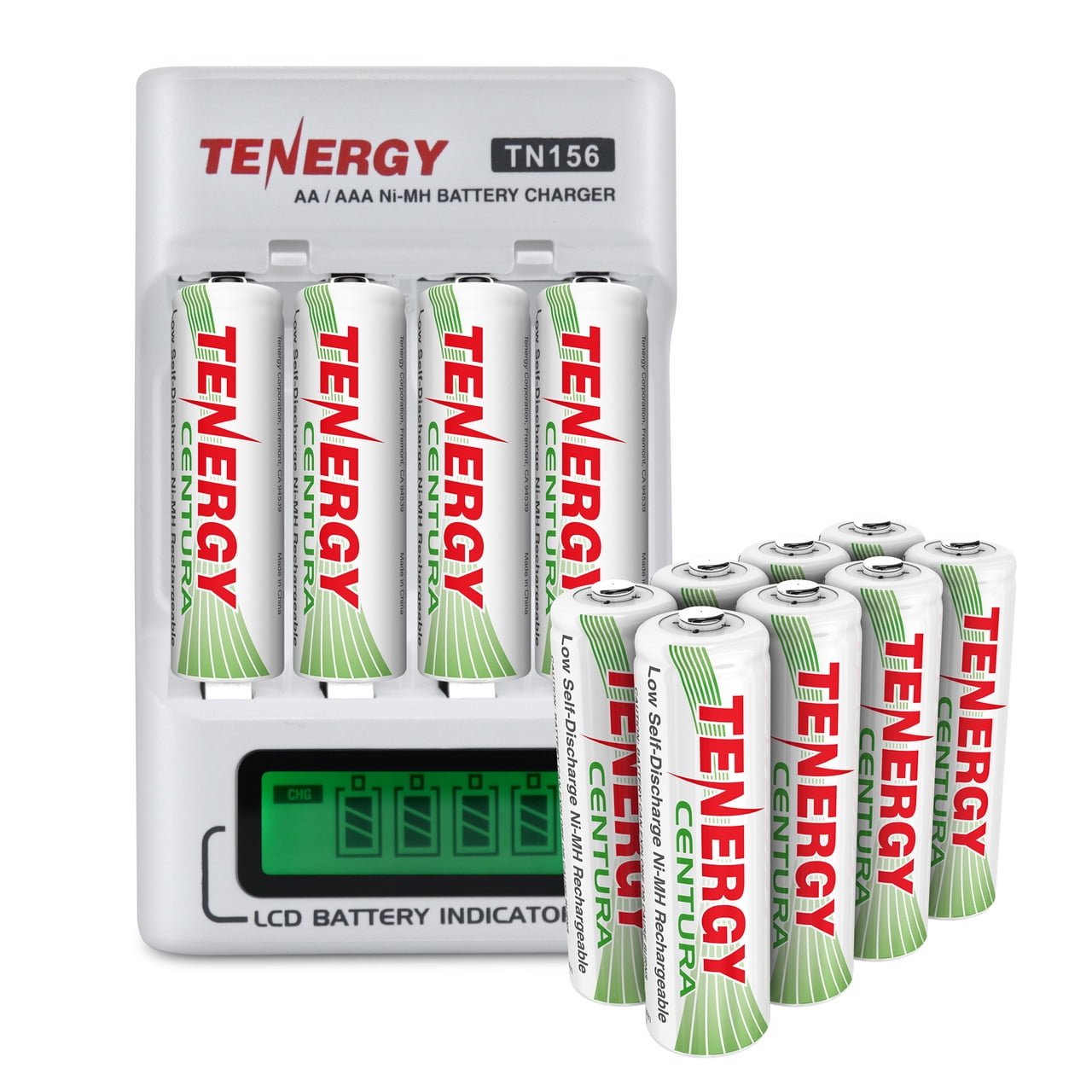 Tenergy TN156 LCD Battery Charger And 12 Pack Centura AA Rechargeable Batteries