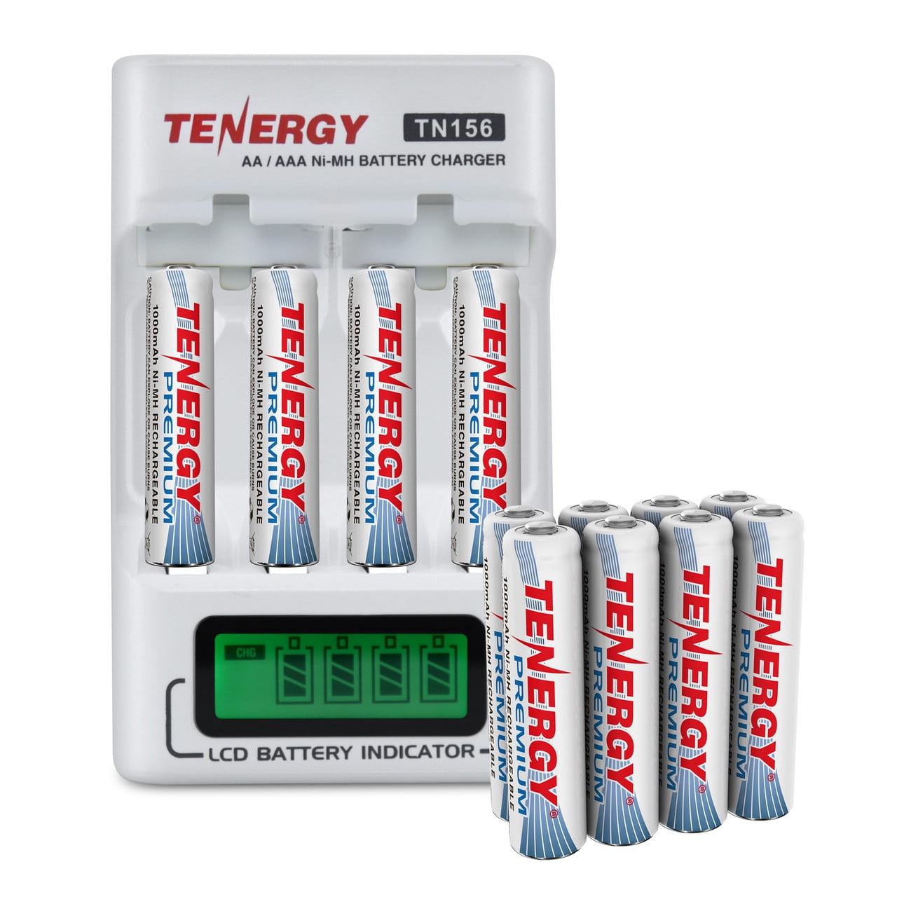 Tenergy TN156 LCD Battery Charger And 12 Pack Premium AAA Rechargeable Batteries