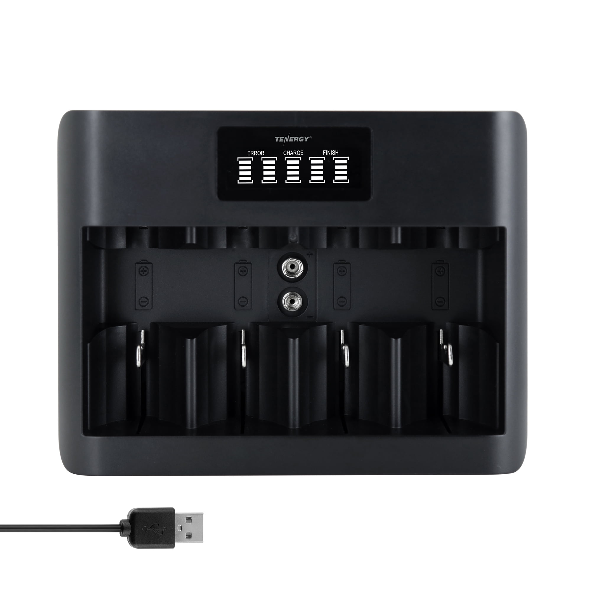 Tenergy TN486U 5-Bay Universal Battery Charger with LCD for AA/AAA/C/D/9V batteries, Micro USB/Type C power input