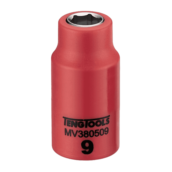 Teng Tools 3/8 Inch Drive 9MM Metric 6 Point 1000 Volt Shallow Insulated Socket | Electricians Tool | Insulated Tool | Electrical Tool - MV380509