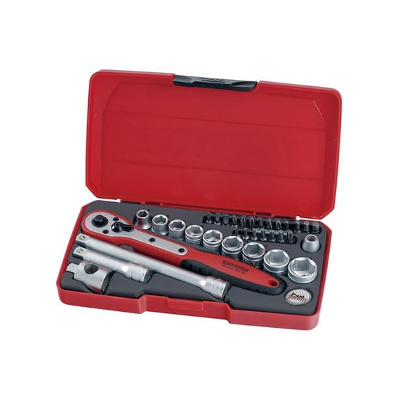Teng Tools 34 Piece 3/8 Inch Drive 6 Point Metric Regular/Shallow Socket Set (8mm - 19mm) - T3834