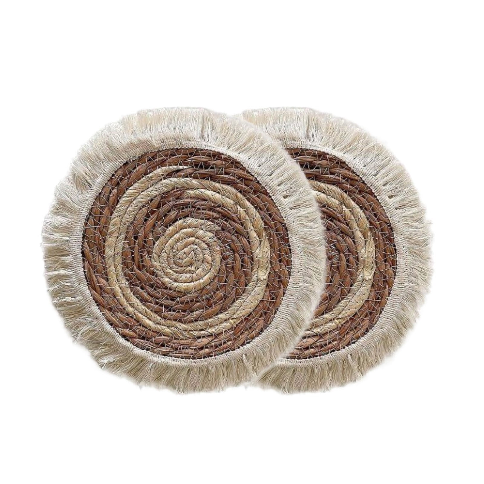 Tengma Kitchen Supplies 2pcs Cattail Woven Round Tassel Placemats Heat
