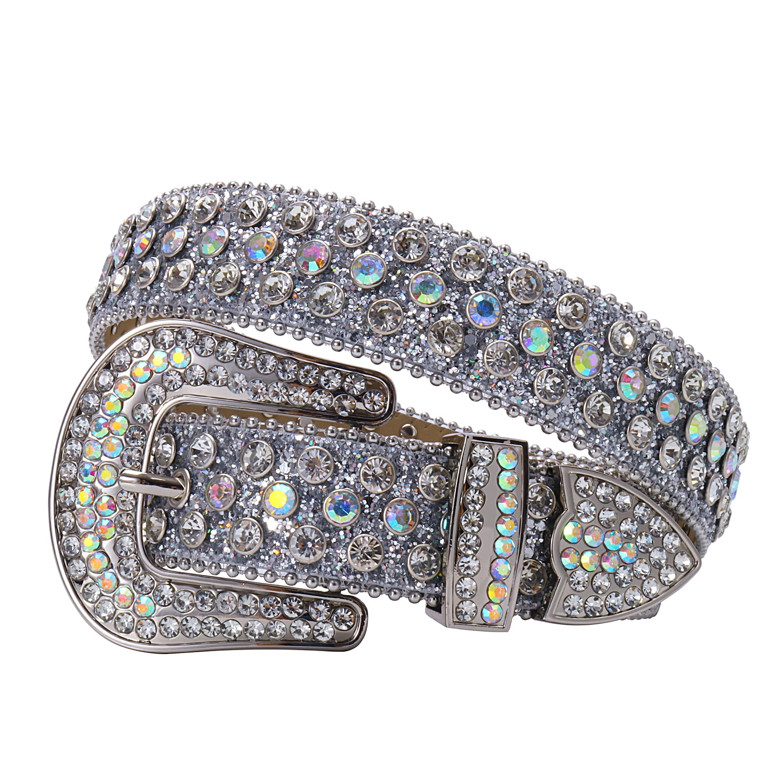 Rhinestone Belt for Men Women Western Cowboy Cowgirl Bling Studded Leather Belt for Jeans Pants Silver,M(42inch)