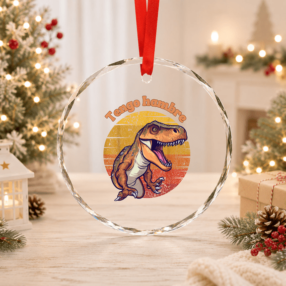 Tengo Hambre I'M Hungry Spanish T-Rex Scary Dinosaur Glass Ornament