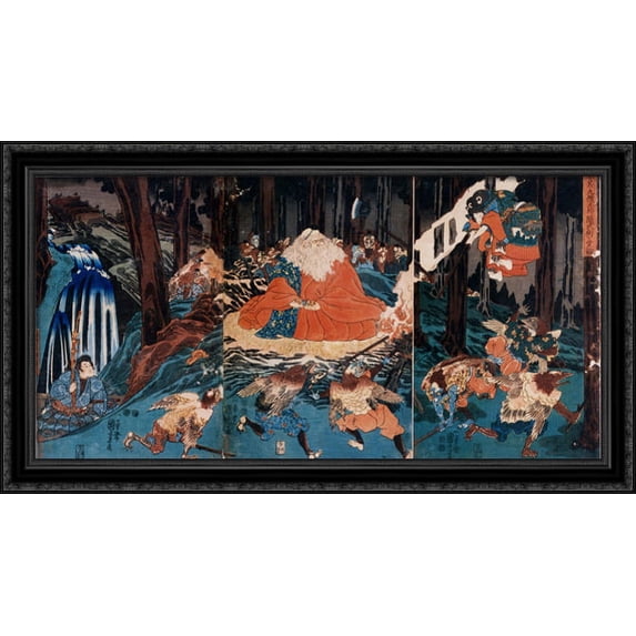 Tengu 40x22 Large Black Ornate Wood Framed Canvas Art by Utagawa Kuniyoshi