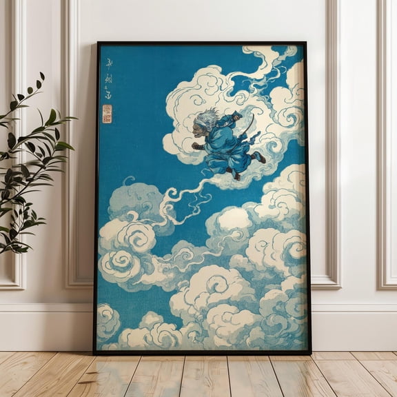 Tengu Flying Among Clouds Traditional Ukiyo-e Japanese Edo Poster