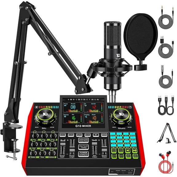 Tenlamp G10 P15 Live Sound Card Audio Mixer Kit, Digital Bluetooth 2-Channel, Condenser Microphone Bundle for Streaming Podcast Gaming