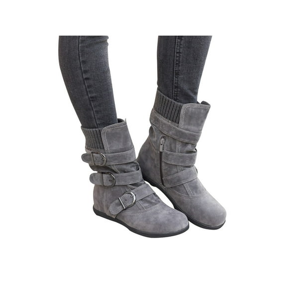 Tenmix Women's Ladies Boots Round Toe Boots Buckle Shoes Flat Heel Mid-Calf Bootie