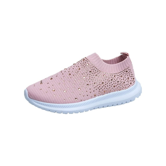 Tenmix Women's Mesh Walking Shoes Rhinestone Glitter Slip On Ballroom Jazz Latin Dance Sock Sneakers Pink 8