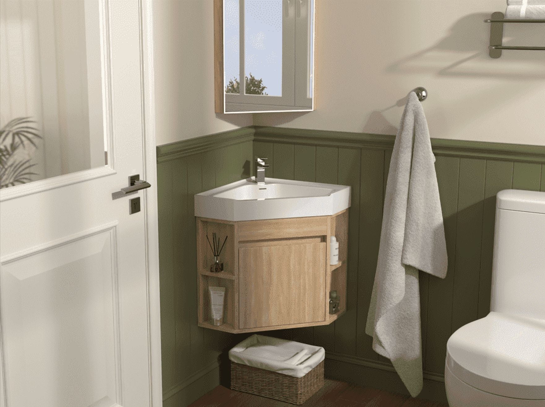 Tennant Brand 18" Light Oak Corner Bathroom Vanity with Matte Solid Surface