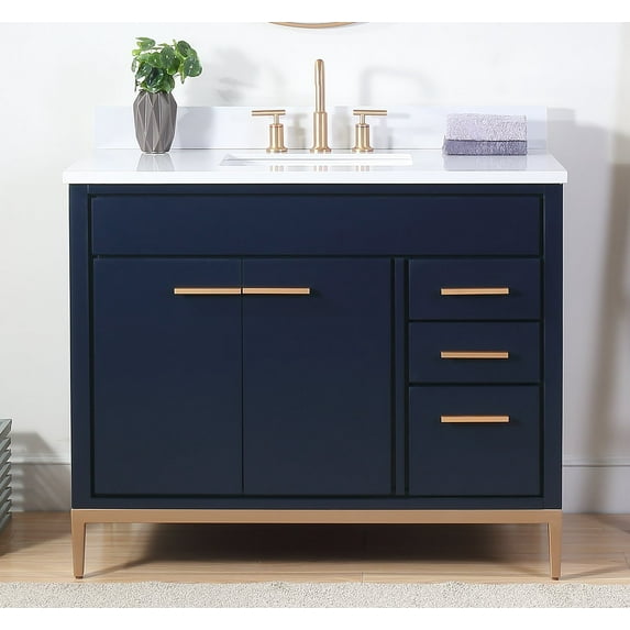 Tennant Brand 42" Modern Navy Blue Bathroom Vanity with White Quartz Top