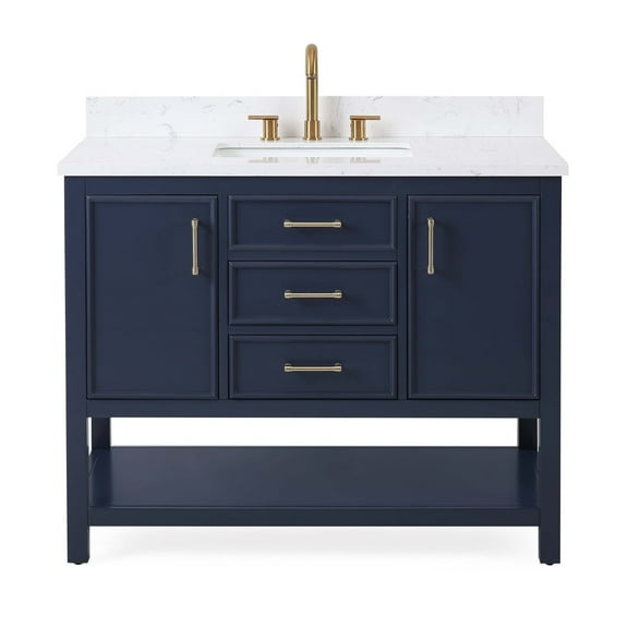 Tennant Brand 42" Modern Navy Blue Bathroom Vanity with White Quartz Top