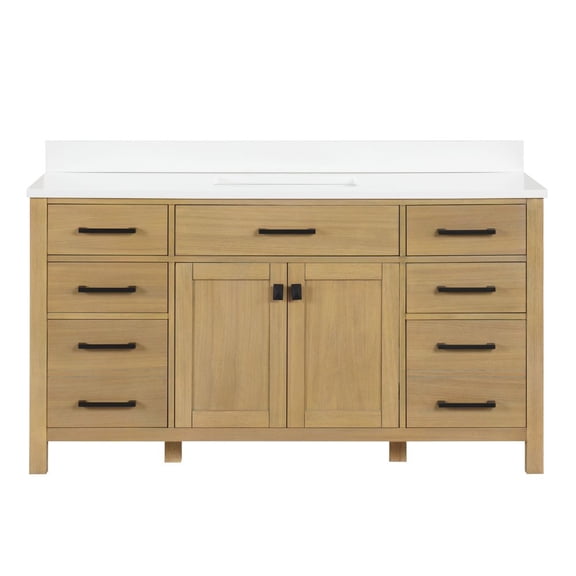 Tennant Brand 60" Aged Oak Bathroom Vanity with White Quartz Top