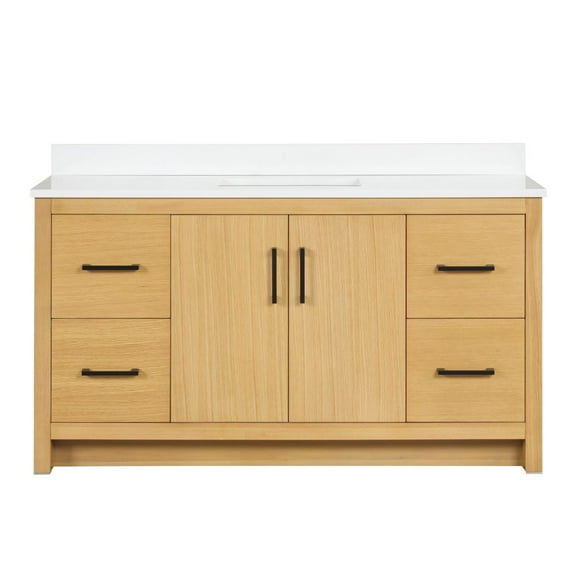 Tennant Brand 60" Light Oak Single Sink Bathroom Vanity with White Quartz Top
