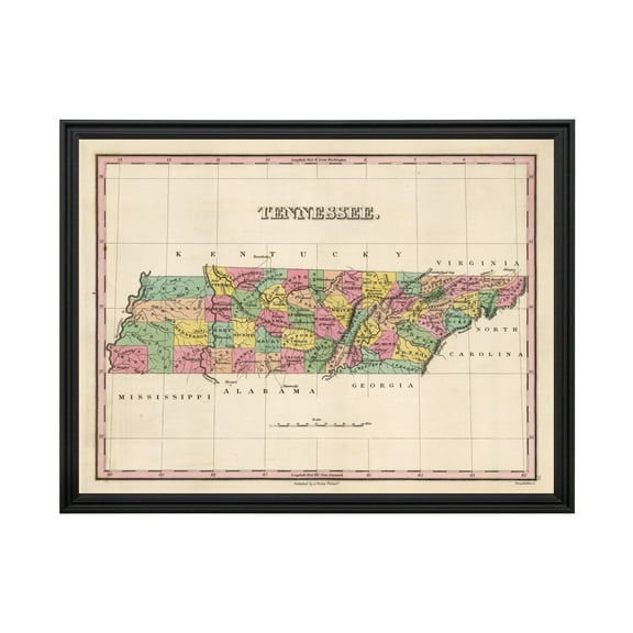 Tennessee Art, 1824 Vintage Map of Tennessee History Wall Decor Gift, Old Tennessee Map - 36" x 24" Black Framed Print