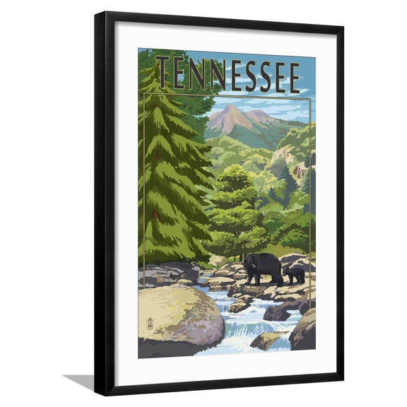 Art.com Tennessee - Bears and Creek Art Print by Lantern Press, Black Frame Wall Art, 21" x 29"