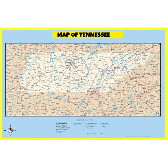 Tennessee Map Poster - Laminated Wall Map - Style D - 24x36 - Ideal for Classrooms and Homes – Features Bright Colors and Vivid Imagery