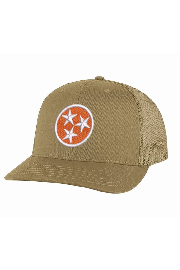 Tennessee Orange Trucker Hat – Embroidered Tri-Star Design | Mesh Back Snapback Cap (CoyoteBrown)
