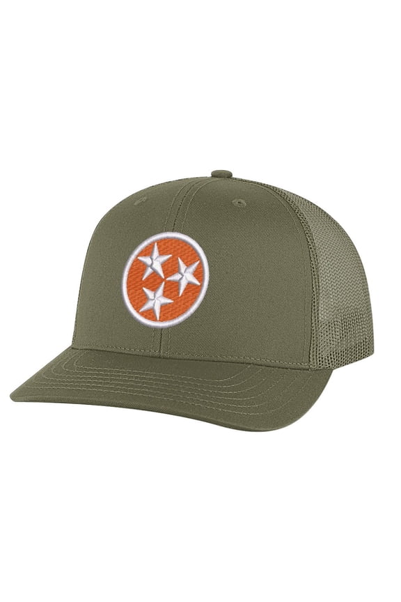 Tennessee Orange Trucker Hat – Embroidered Tri-Star Design | Mesh Back Snapback Cap (Olive)