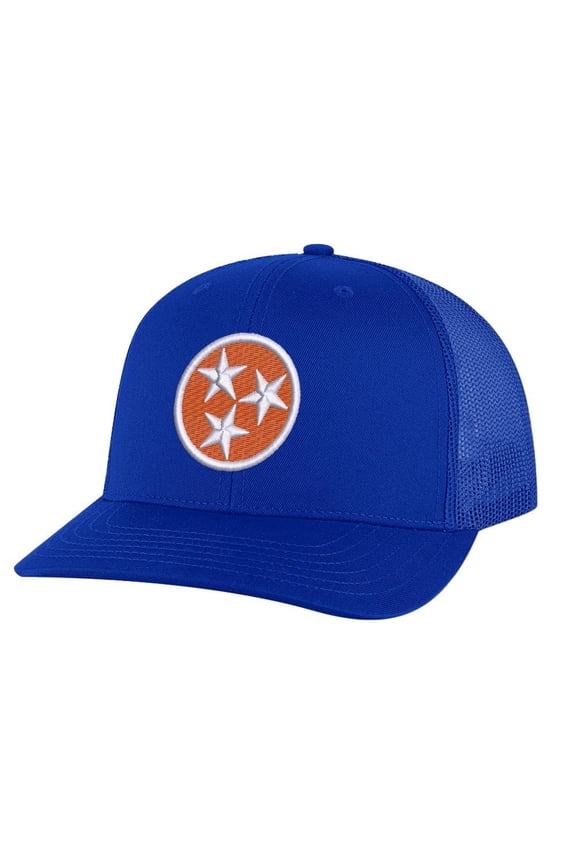 Tennessee Orange Trucker Hat – Embroidered Tri-Star Design | Mesh Back Snapback Cap (RoyalBlue)
