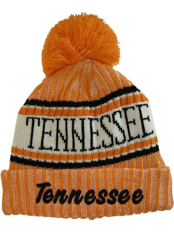 Tennessee Plush Lined Embroidered Winter Knit Pom Beanie Hat (Orange/Black Script)
