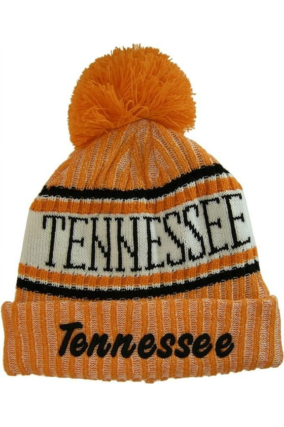 Tennessee Plush Lined Embroidered Winter Knit Pom Beanie Hat (Orange/Black Script)
