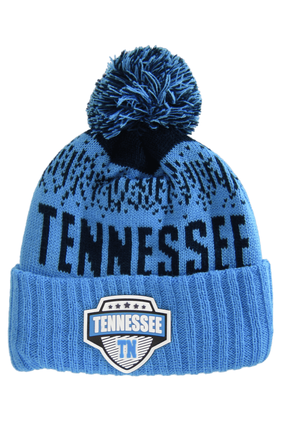 Tennessee Rubber Patch Ribbed Winter Knit Pom Beanie (Navy/Light Blue)
