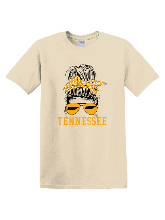 Tennessee State Leopard Messy Bun Orange Text T-shirt
