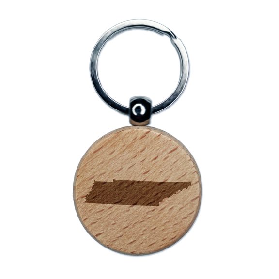 Tennessee State Silhouette Round Keychain Charm Tag - Engraved Wood