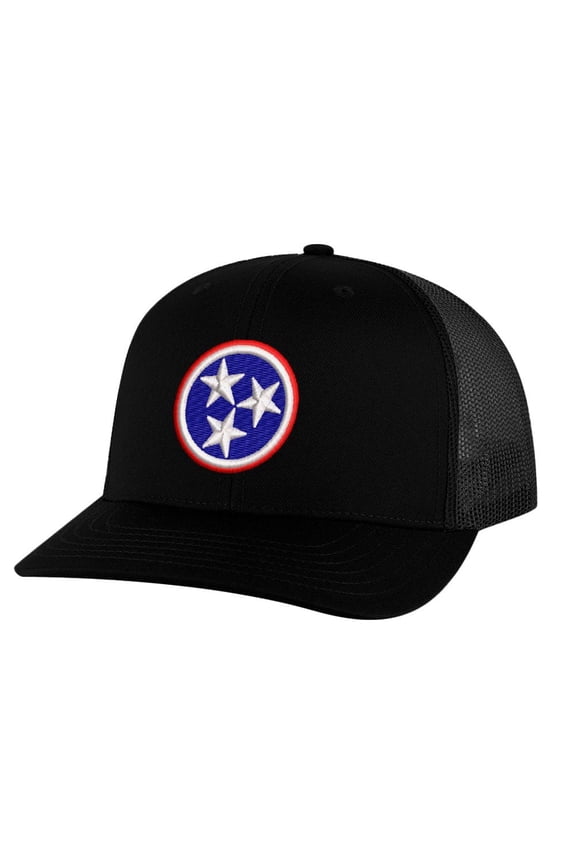 Tennessee Trucker Hat - Tri Star Snapback with State Flag Embroidery | Volunteer State Cap (Black)