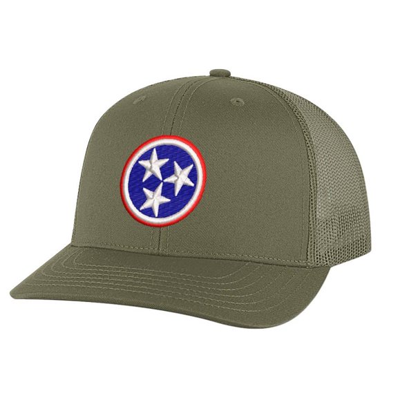 Tennessee Trucker Hat - Tri Star Snapback with State Flag Embroidery | Volunteer State Cap (Olive)