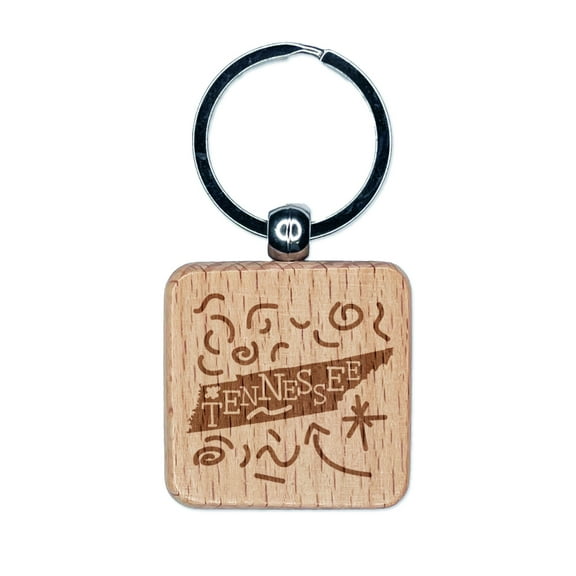 Tennessee State with Text Swirls Square Keychain Charm Tag - Engraved Wood