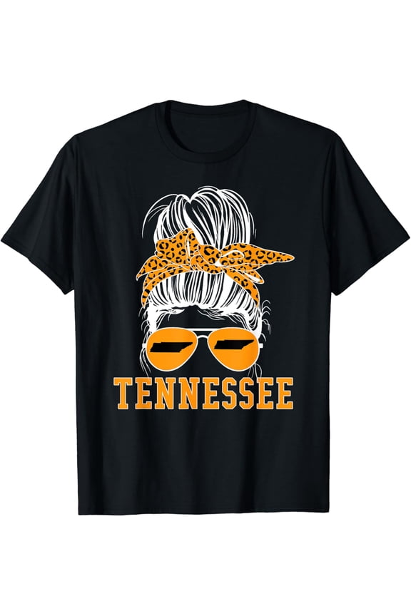 Tennessee Tn State Leopard Messy Bun Orange Text T-Shirt